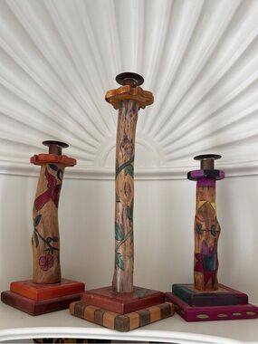 Vintage 2002 Limited Edition Sticks Hand-Painted Wood Candle Holders Trio -